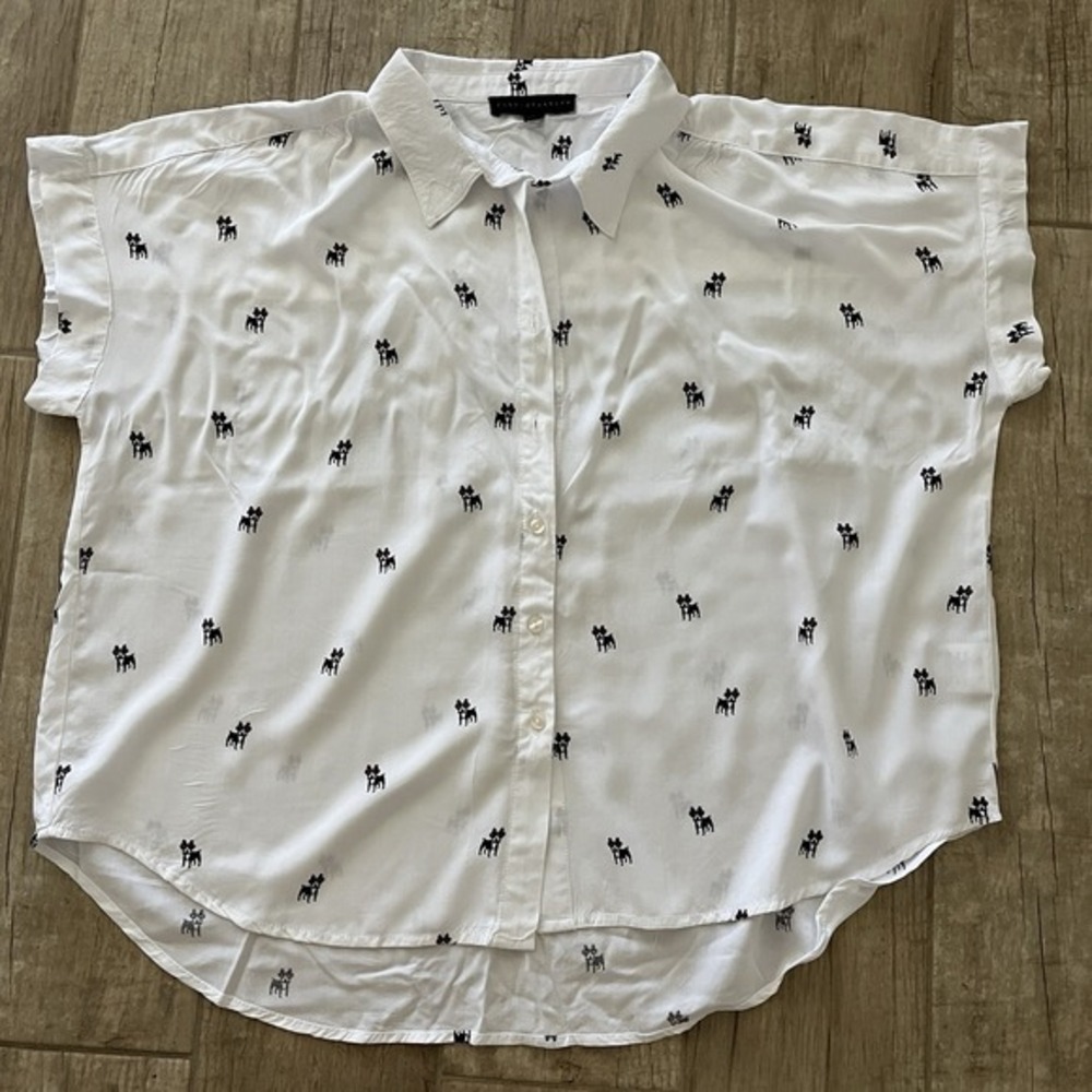 Jane Delancey French BullDog W/Sunglasses Button Front Short Sleeve Shirt‎ Wms L